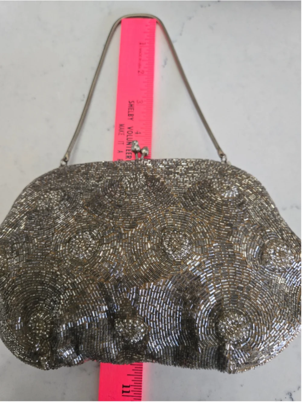 Vintage 1960s Silver Hand-Beaded Evening Clutch Kiss Lock Purse Made in Korea